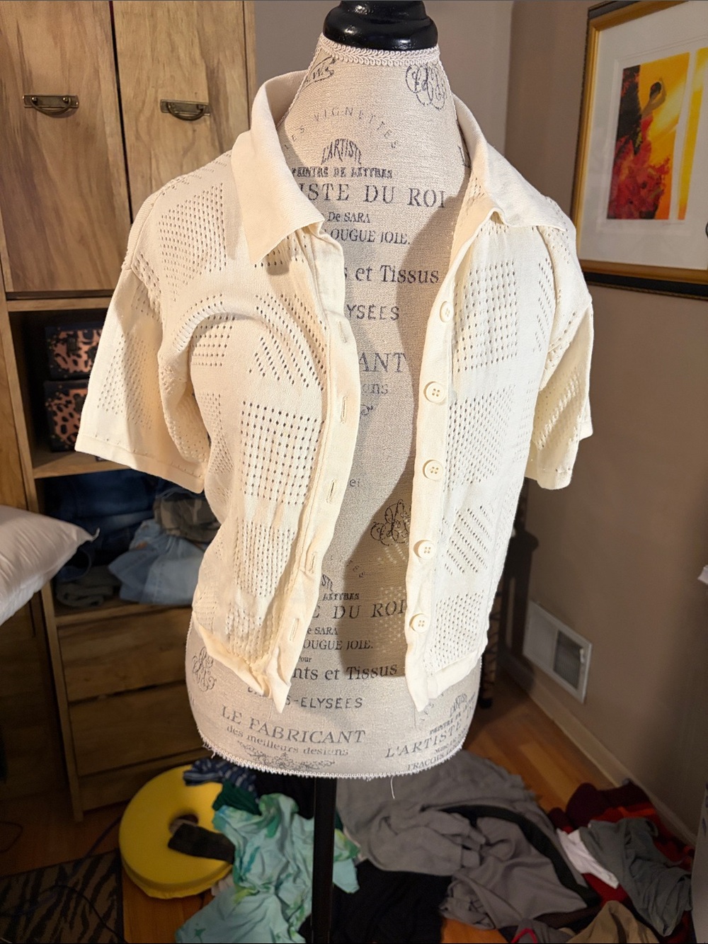 Monrow Light Cream Open-Knit Short Sleeve Button Down